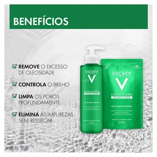 Vichy Normaderm Gel Nettoyant Profond Anti-Brillance à l’Acide Glycolique Recharge – 240 g